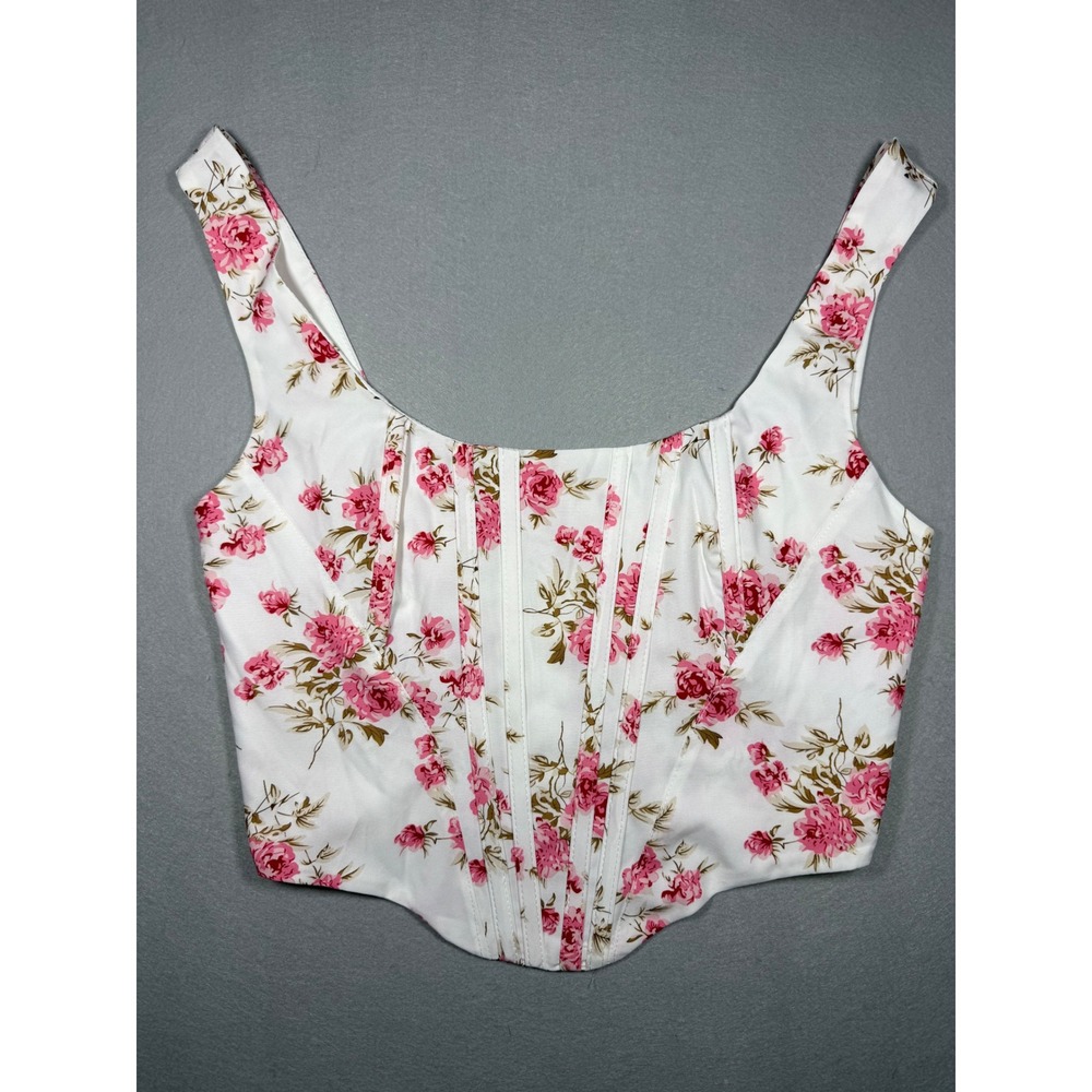 Ren Faire Fairy Cottagecore Marthea Floral Corset White Pink Rose Print XS